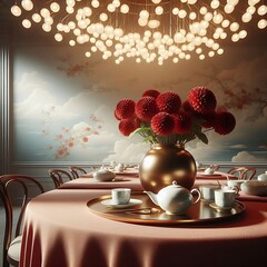 A simple tabletop
 scene in a photorealism style using 
glamorous, glowing chandelier
 lighting