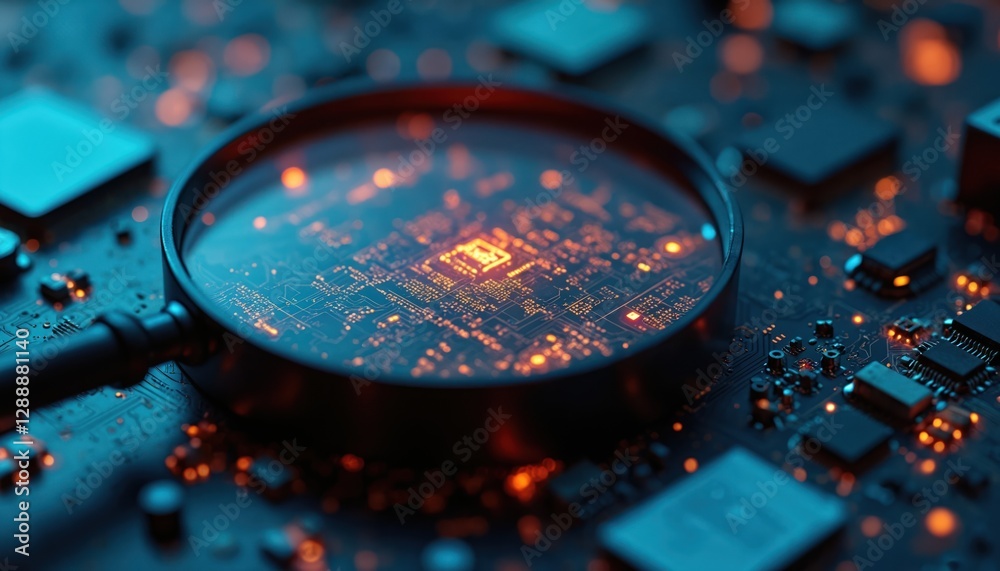 Poster magnifying glass intricate microchip circuit board with blue, orange glowing lights. security risk a