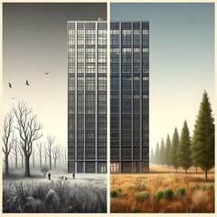 side view of a simple, tall office building
