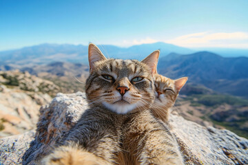 Obraz premium A couple of cats take a selfie together on a smartphone camera while on holiday in the mountains. Funny cats. Generated by artificial intelligence