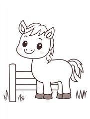 Fototapeta premium This charming illustration depicts a friendly cartoon horse with a smiling face, standing beside a wooden fence in a bright, cheerful setting that evokes joy and warmth.