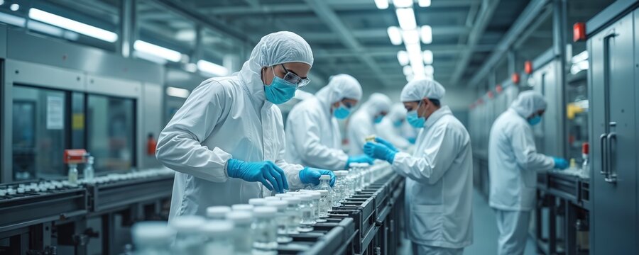 Researchers in sterile protective suits develop new drugs in pharmaceutical factory lab. Workers in masks check container bottles on production line. Automated biopharmaceutical manufacturing.
