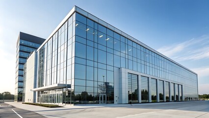 Fototapeta premium Modern Glass Office Building Exterior Design at Dusk Architectural Aesthetics