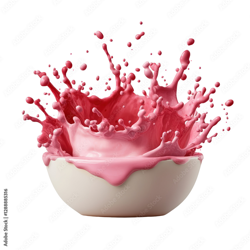 Poster pink liquid splashing out of a white bowl on a light surface creating dynamic fluid motion and dropl