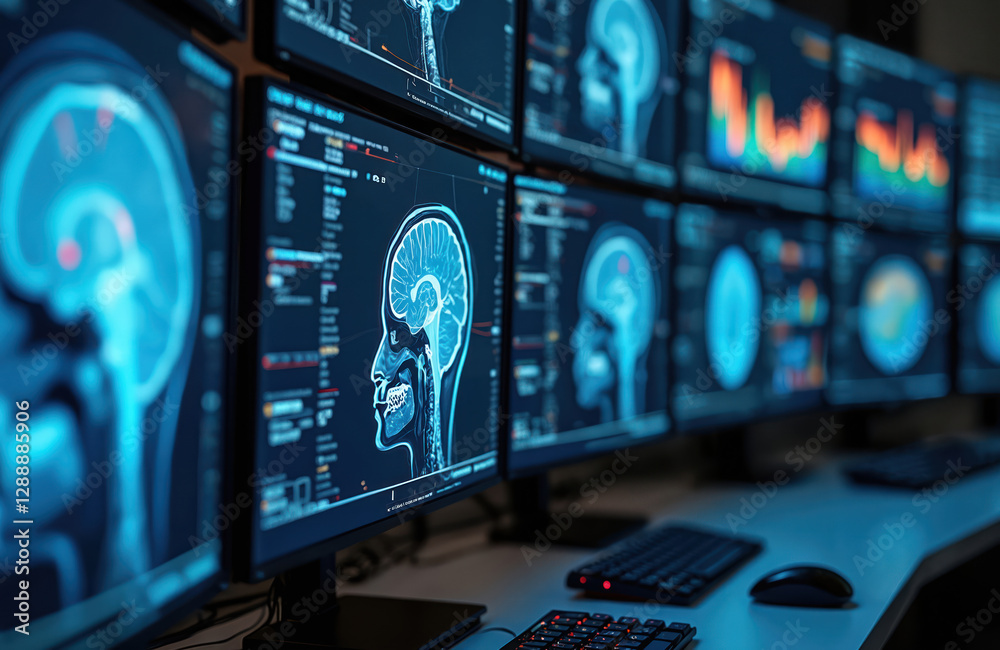 Poster multiple monitors display advanced medical diagnostics with brain scans. medical research, future me