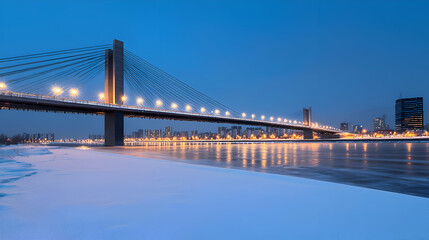 Naklejka premium Illuminated Bridge Over Snowy River at Night
