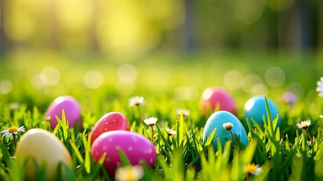 Vibrant easter eggs nestled in lush spring grass with soft sunlight and daisies