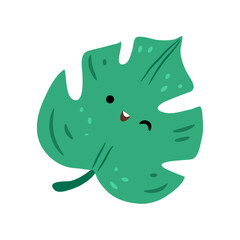 Summer happy tropical leaf icon. Vector winking monstera foliage. Cute cartoon character with playful facial expression. Kawaii isolated exotic jungle flora, summertime personage with smile