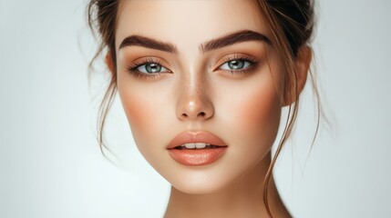Fototapeta premium Portrait of a Beautiful Young Woman with Freckles and Natural Makeup on a White Background