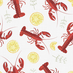 Bright seamless pattern with red lobsters, stylized lemon slices and dill. Vector illustration