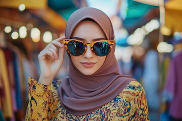 A mysterious woman in a flowing hijab and cat-eye sunglasses stands against a minimalistic backdrop. The soft fabric of her hijab contrasts with the bold frames, creating a chic and timeless look.



