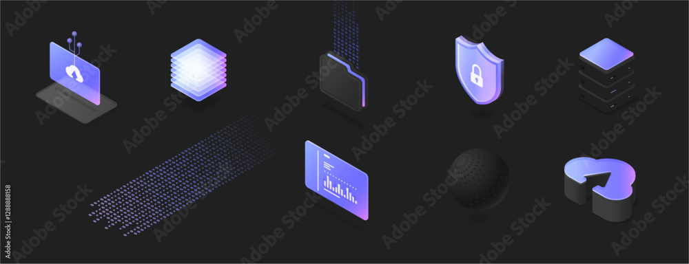 Poster Cloud computing technology, protection and keeping users statistics. Vector mass repository on servers. Information exchange on internet, electronic archive or personal isometric data storage