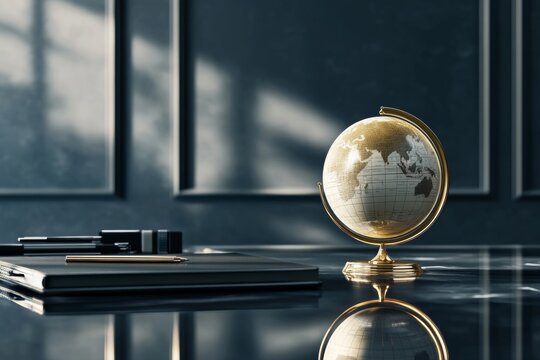 Elegant golden globe on dark office desk with notebook and pen