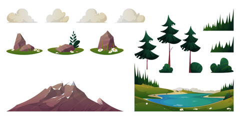 Elements of cartoon summer or spring forest landscape. Vector isolated clouds and meadow flowers, river or lake, snowcapped mount peaks and fir forest, rocky structures and bushes. Wilderness view