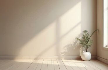 Fototapeta premium Mockup room with neutral tones. Modern empty interior blank wall, white wood floor, indoor plant. Bright apartment for design background, home decor. Light from window. Scandinavian style nobody