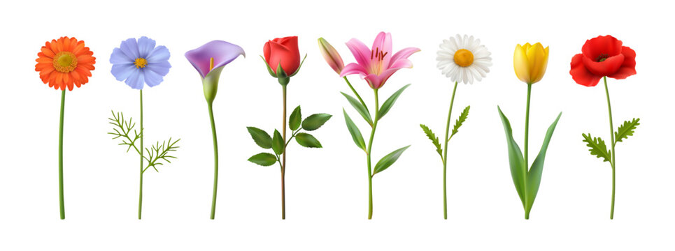 Blooming flowers with stem and leaves. Vector realistic style, isolated flora in blossom. Wildflowers and lily, chamomile and tulip, gerbera and violet, calla and poppy, romantic red rose