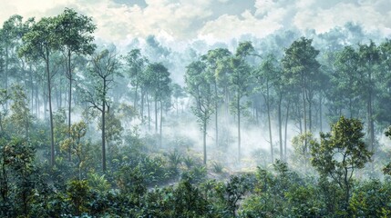 Fototapeta premium Lush Green Forest Landscape with Misty Atmosphere and Vibrant Foliage Under Cloudy Sky