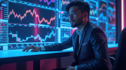 focused man in suit analyzes financial data on multiple screens, showcasing modern trading environment