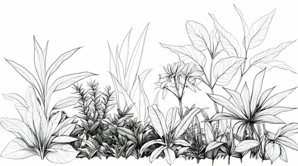 Detailed Monochrome Illustration of Lush Foliage and Wild Plants