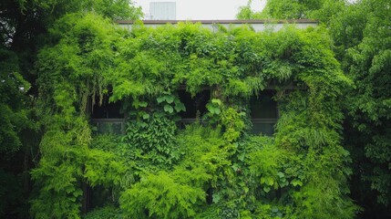 Lush greenery envelops structure, creating vibrant, natural faca