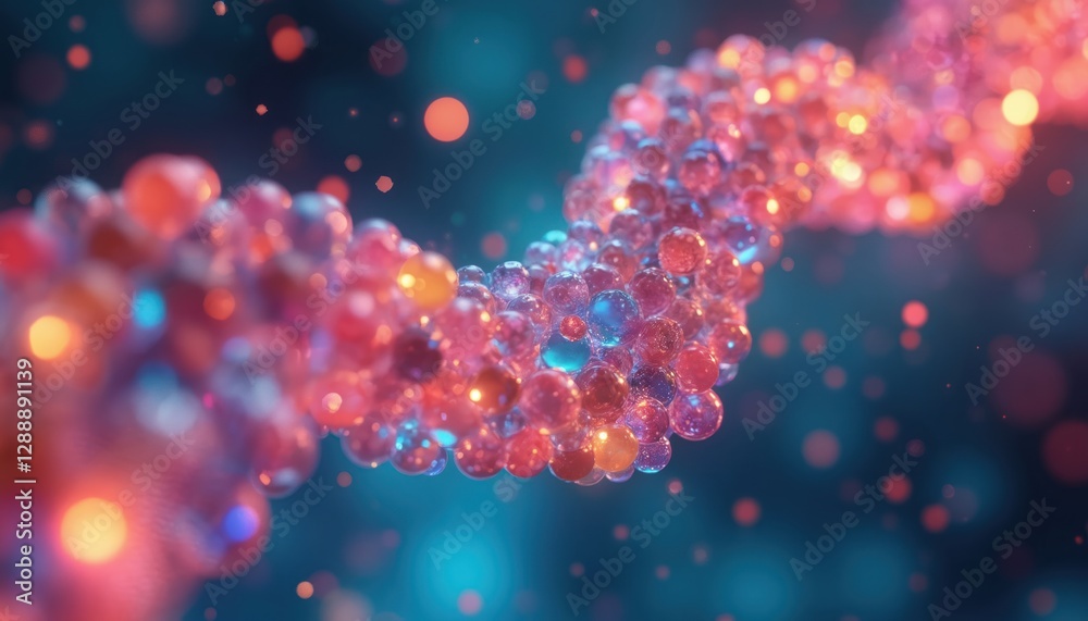 Poster a colorful image of linked small spheres, balls. circle of molecular macro bubbles on dark teal, red