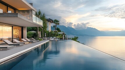 Fototapeta premium A high-end contemporary resort hotel with infinity pools and sleek furniture.