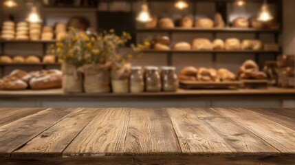 Fototapeta premium Empty wooden table top in blurred bakery background. Blank nature textured desk for product display in abstract blurred food shop backdrop