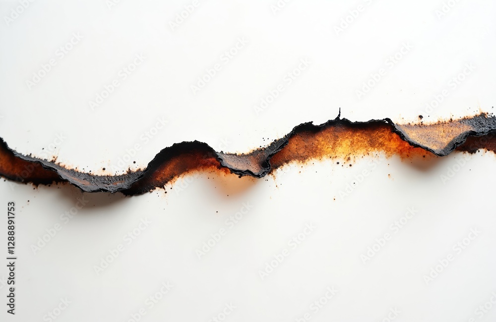 Poster Burnt paper edge isolated on white background. Charred paper texture element with dark stain, ripped holes pattern. Blank backdrop with clipping path, brown rough frame.