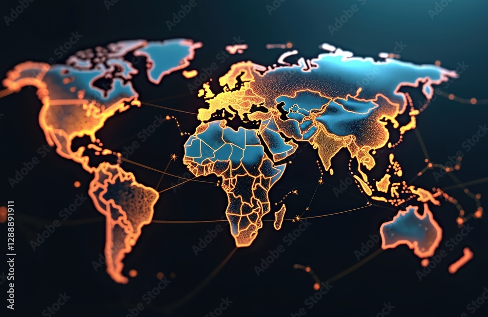 Poster generative ai illustration of glowing continents with yellow network connecting cities. internationa