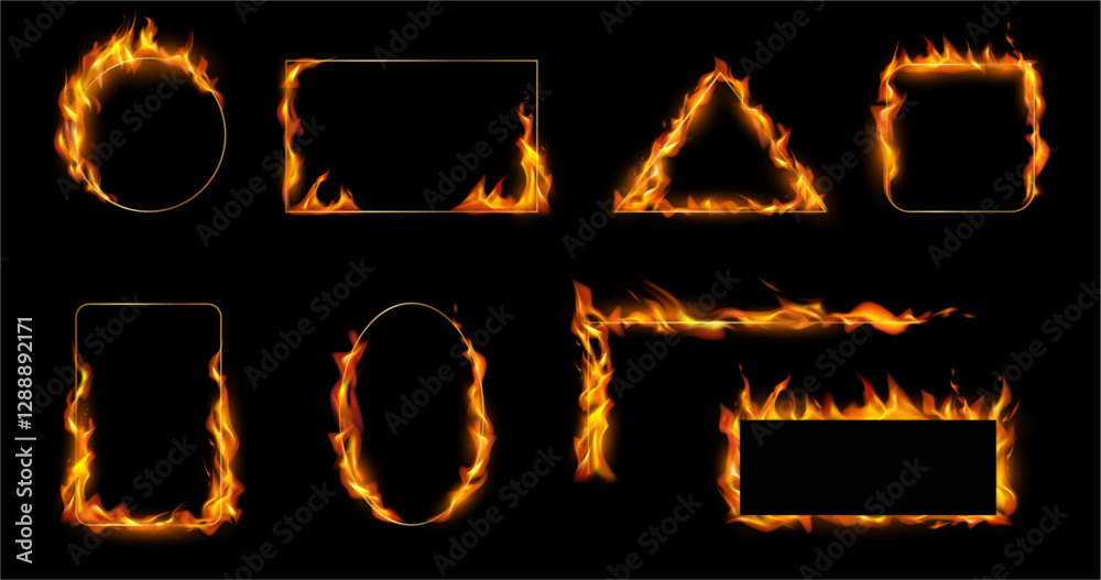 Aufkleber Geometric borders and frames with tongues of flames and fire. Vector realistic set of shapes and forms with blazing burning ignition. Glowing bright design for UI elements or game design, typography