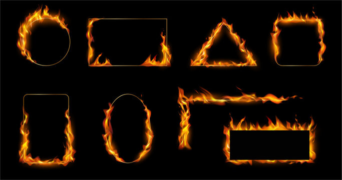 Geometric borders and frames with tongues of flames and fire. Vector realistic set of shapes and forms with blazing burning ignition. Glowing bright design for UI elements or game design, typography