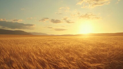 Obraz premium Golden fields stretch beneath a vibrant sunset in a serene rural landscape