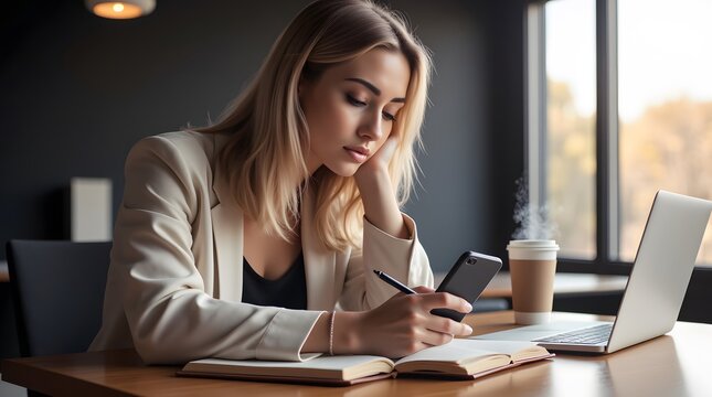 Focused young woman checks phone, notes in journal, laptop nearby; warm cafe atmosphere.