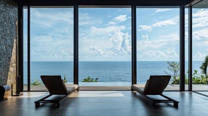 Fototapeta premium Relaxing view from a modern beachfront lounge overlooking the ocean on a sunny day