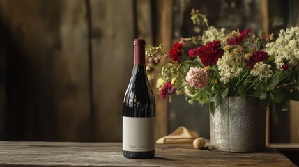A bottle of red wine on a rustic wooden table with flowers