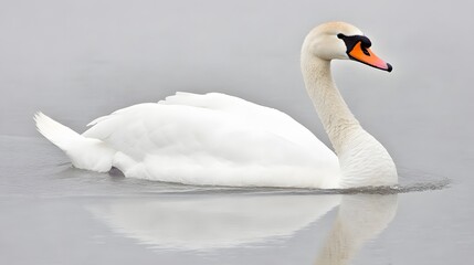 Elegant White Swan Swimming Calmly on Still Waters with Reflections in a Serene Landscape