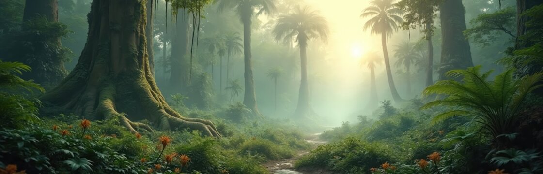 Fototapeta Lush green prehistoric jungle landscape with palm trees in fog. Towering giant megaflora and colossal exotic plants fill background. Rich vivid greens and botanic nature create vibrant jurassic scene.