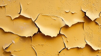 Cracked yellow wall with distinctive peeling paint revealing texture and color variations over time in an urban setting