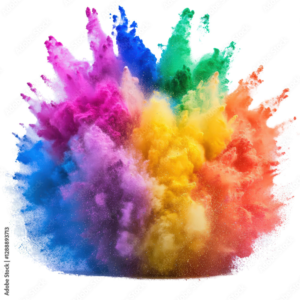 Poster colorful powder explosion creating vibrant cloud of colors on white background with dynamic motion e