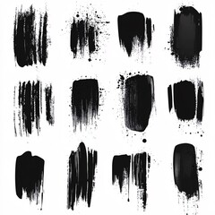 Set of Vector Black Ink Brush Strokes with Splattered Textures