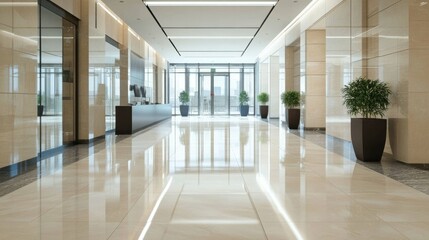 Fototapeta premium Commercial Lobby. Clean, Shiny Marble Floor Tiles in Office Hall Interior