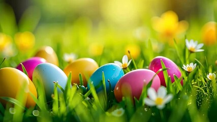 Vibrant easter eggs in lush spring meadow surrounded by blooming daisies and lively greenery