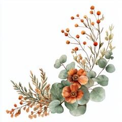 Watercolor Autumn Floral Corner Design Eucalyptus Branches Orange Flowers Botanical Illustration