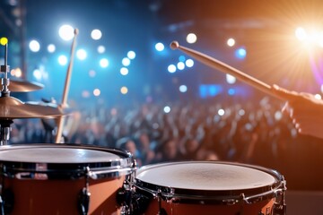 Naklejka premium Drummer's hands holding sticks above drums at a concert.