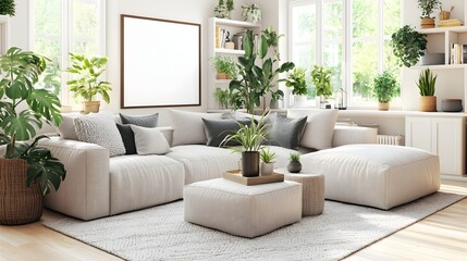Fototapeta premium Cozy Modern Living Room with Soft Textiles and Abundant Green Plants in Bright Natural Light