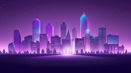 Fototapeta premium Vibrant City Skyline at Night in Purple and Blue Hues