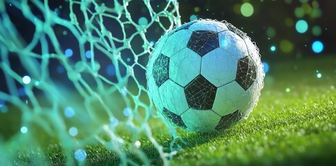 Fototapeta premium Soccer Ball in Net on Green Grass with Blurred Bokeh Lights