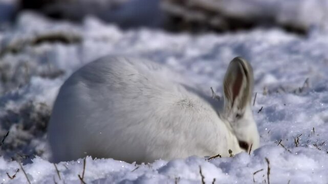 A fluffy white snowshoe hare hops through the snowy landscape, its fur blending perfectly with the frozen ground for natural camouflage.