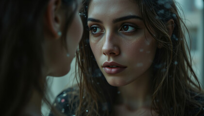 Obraz premium young woman stares intensely at her own reflection, deep in thought, displaying introspection and vulnerability
