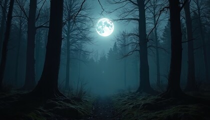 Bright full moon shines over dark eerie forest at night. Moonlight illuminates trail through wood. Bare trees silhouette against sky. Mysterious winter landscape with cold frost creates skittish,